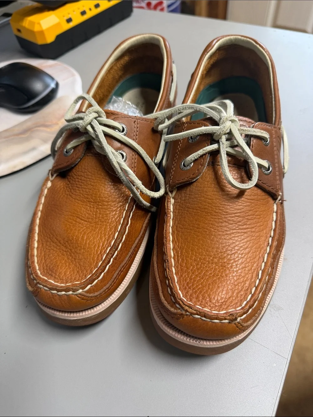 Sperry Cognac Brown Leather Boat Shoes with Cream Laces